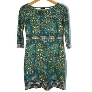 Talbots 3/4 sleeve dress aqua & green paisley stretchy colorful Size 2p.